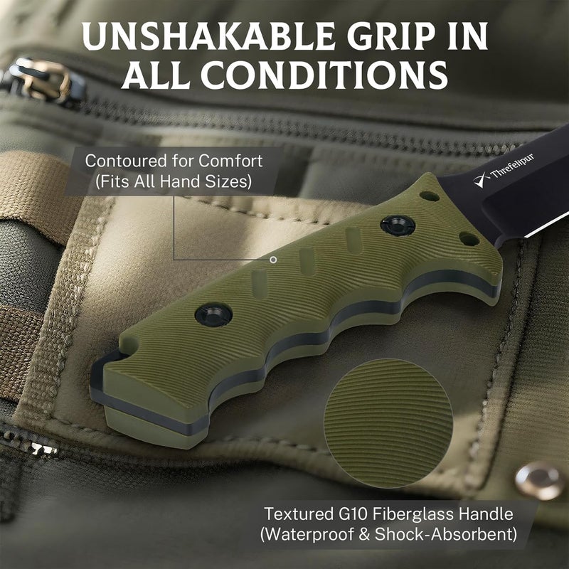 Threfelipur Camping Knife for Men, D2 Steel Fixed Blade Tactical Survival Knife with Sheath - Compact & Portable for Outdoor Hiking, Bushcraft, G10 Handle - Green - Image 5